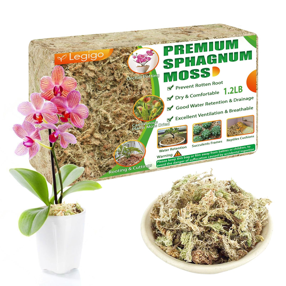 Legigo paquete frontal de musgo sphagnum mostrando cantidad y presentación útil