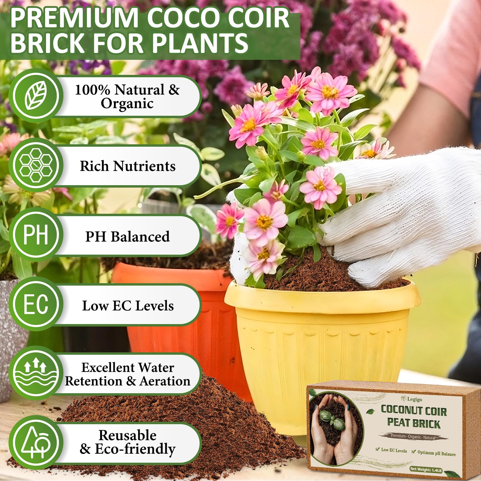 Legigo ladrillo comprimido de fibra de coco con textura para almacenamiento compacto