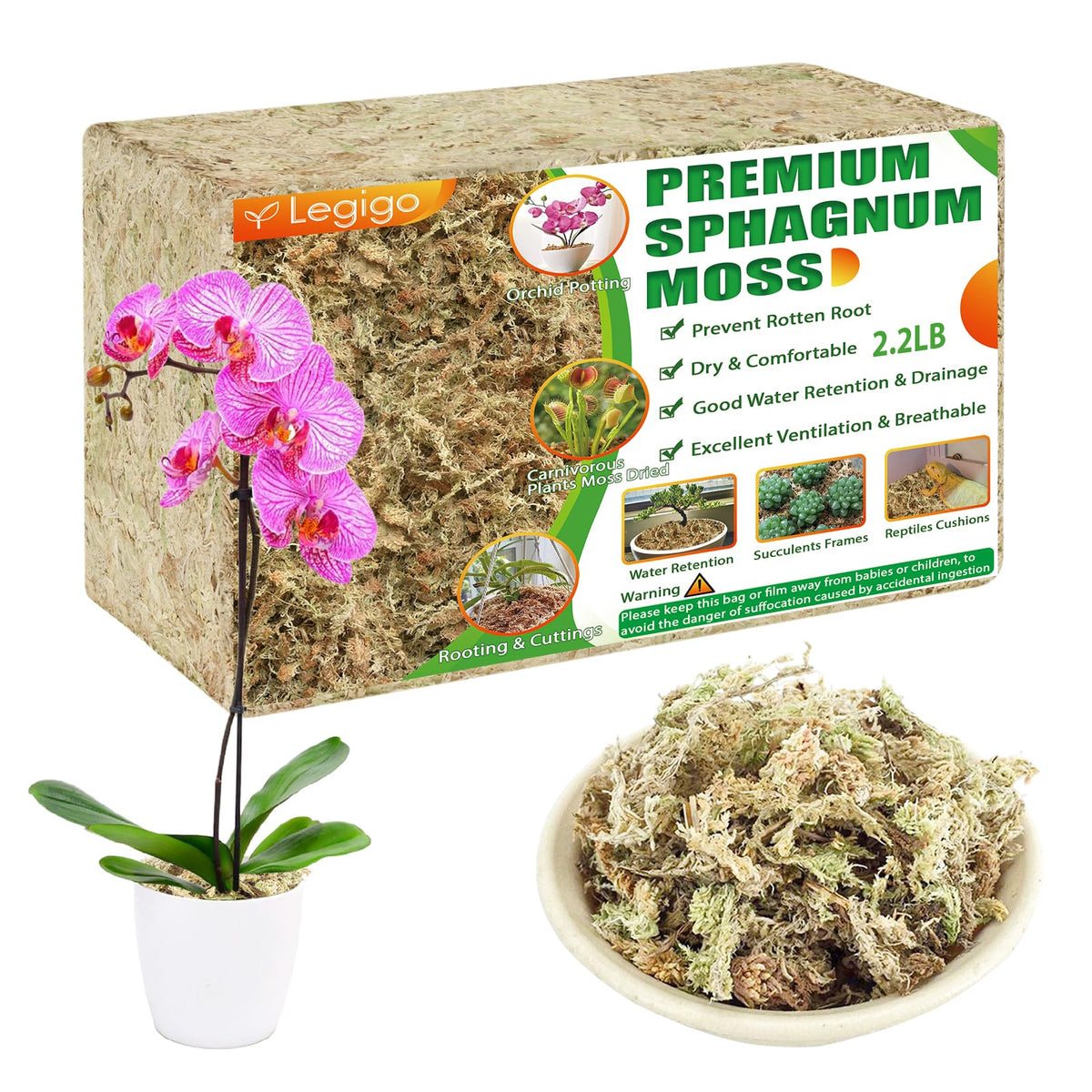 Legigo paquete frontal de musgo sphagnum mostrando volumen y etiquetado beneficioso