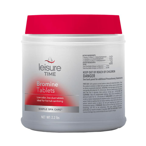 LEISURE TIME empaque frontal mostrando tabletas bromina y beneficio limpieza