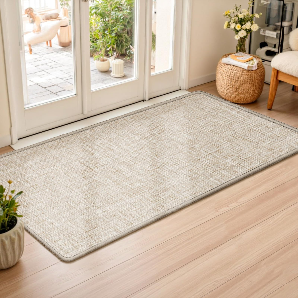 LEKEEPGO felpudo frontal color khaki mostrando tamaño y corte, mejora estética de la entrada