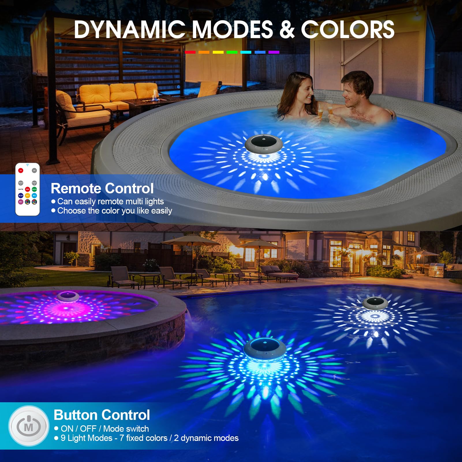 LENONE lámpara flotando en piscina por la noche creando ambiente festivo y seguro