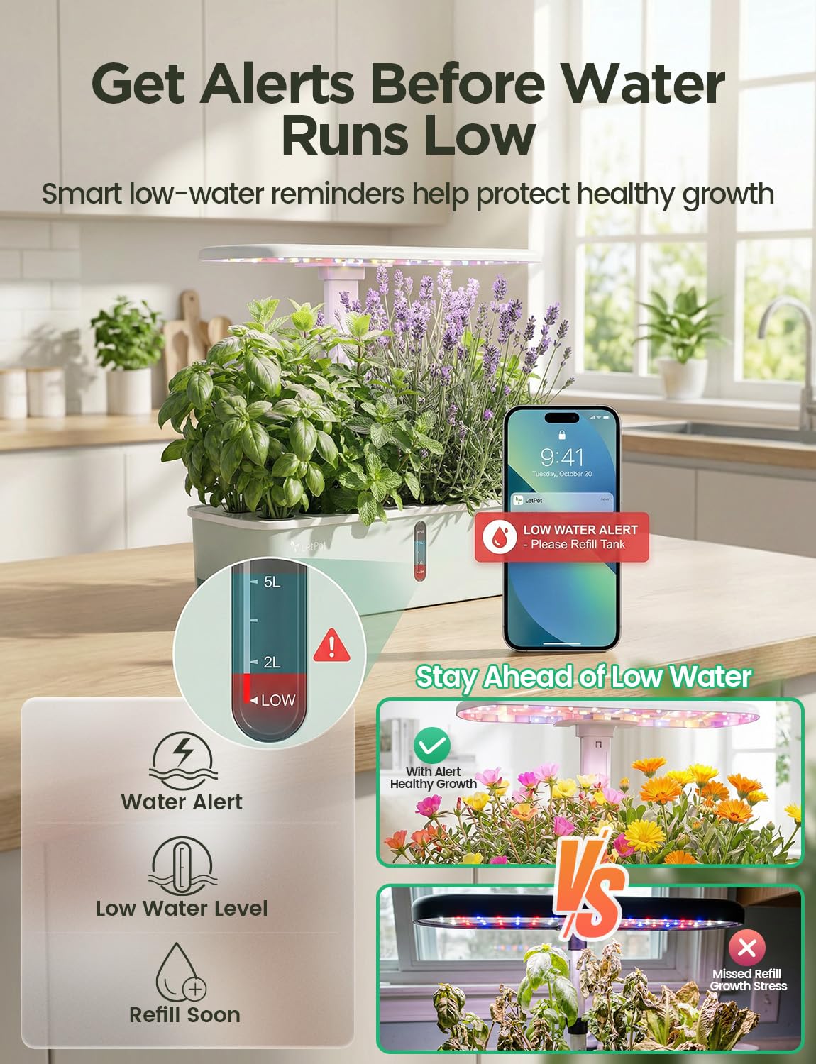 LETPOT sistema en cocina con hierbas frescas, ahorro de espacio