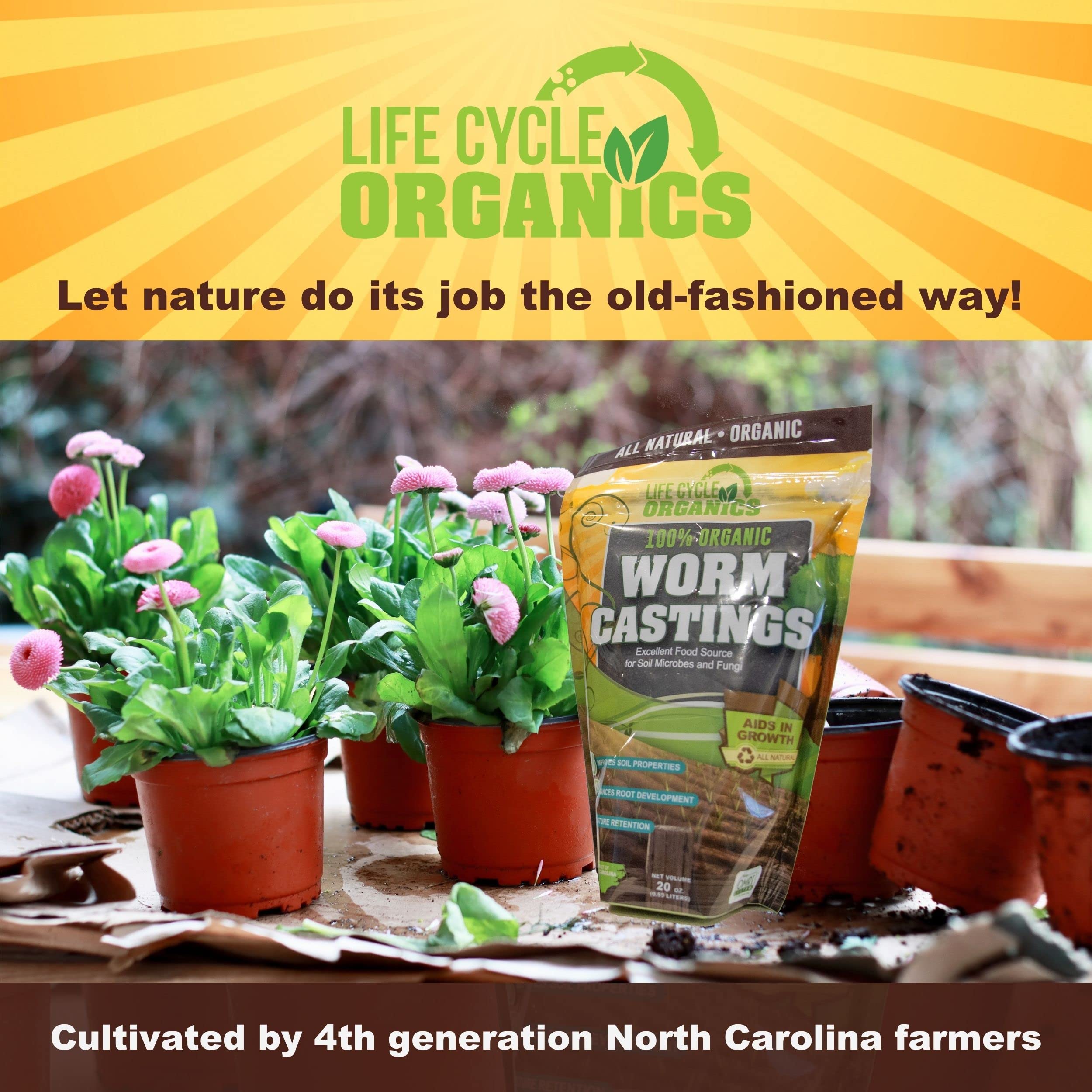 Life Cycle Organics bolsa abierta con humus visible, práctica para almacenamiento seguro