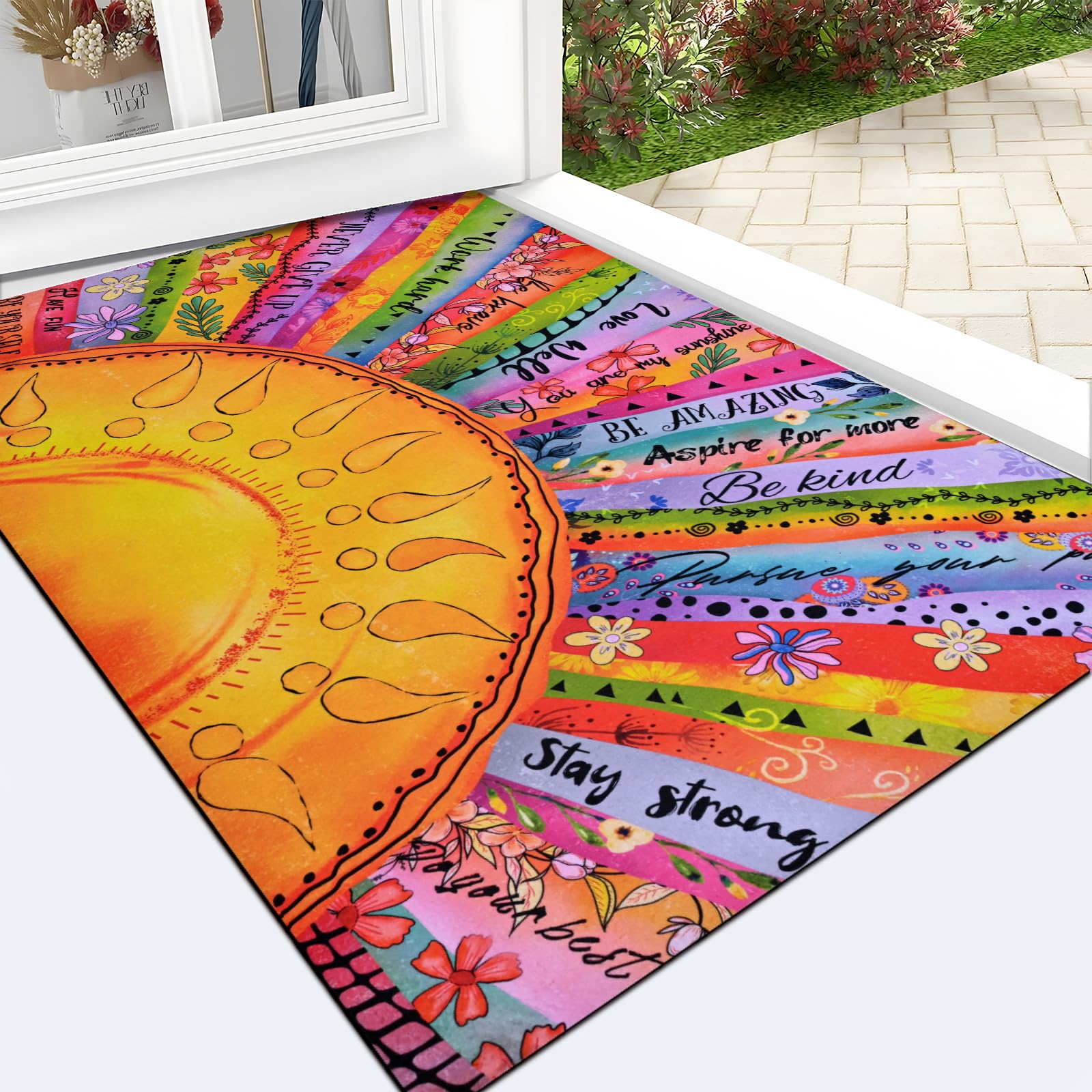 Likiyol felpudo frontal boho sun mostrando colores vibrantes y bienvenida