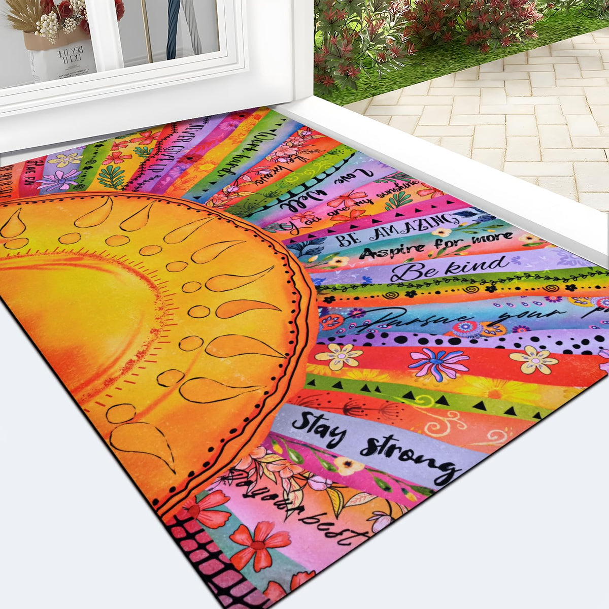 Likiyol felpudo frontal boho sun mostrando colores vibrantes y bienvenida
