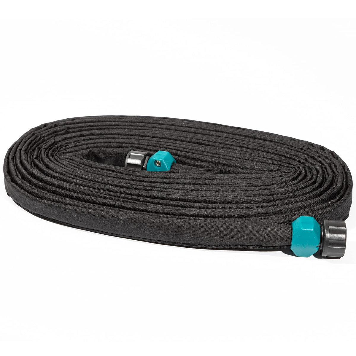 LINEX manguera plana frontal mostrando longitud y conexión, riego eficiente