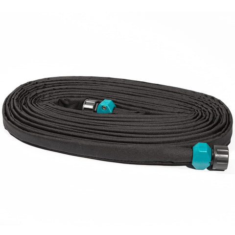 LINEX manguera plana frontal mostrando longitud y conexión, riego eficiente