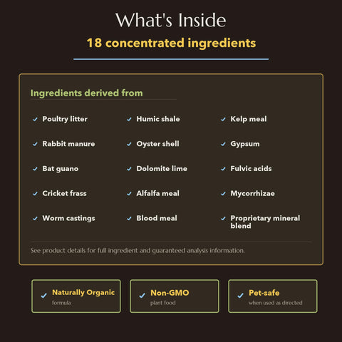 Detalle de etiqueta Liqui-Dirt con lista de nutrientes claros