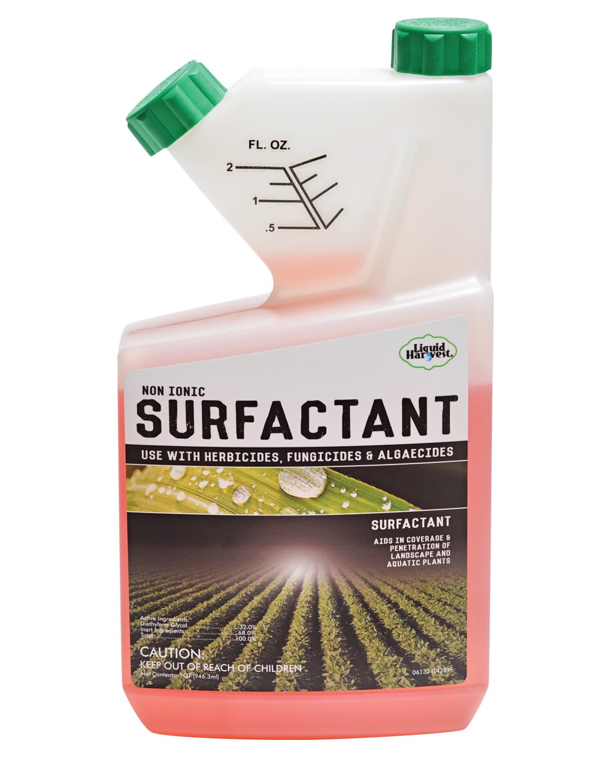 Liquid Harvest frontal del envase mostrando 32 oz y diseño claro, mejora aplicacion