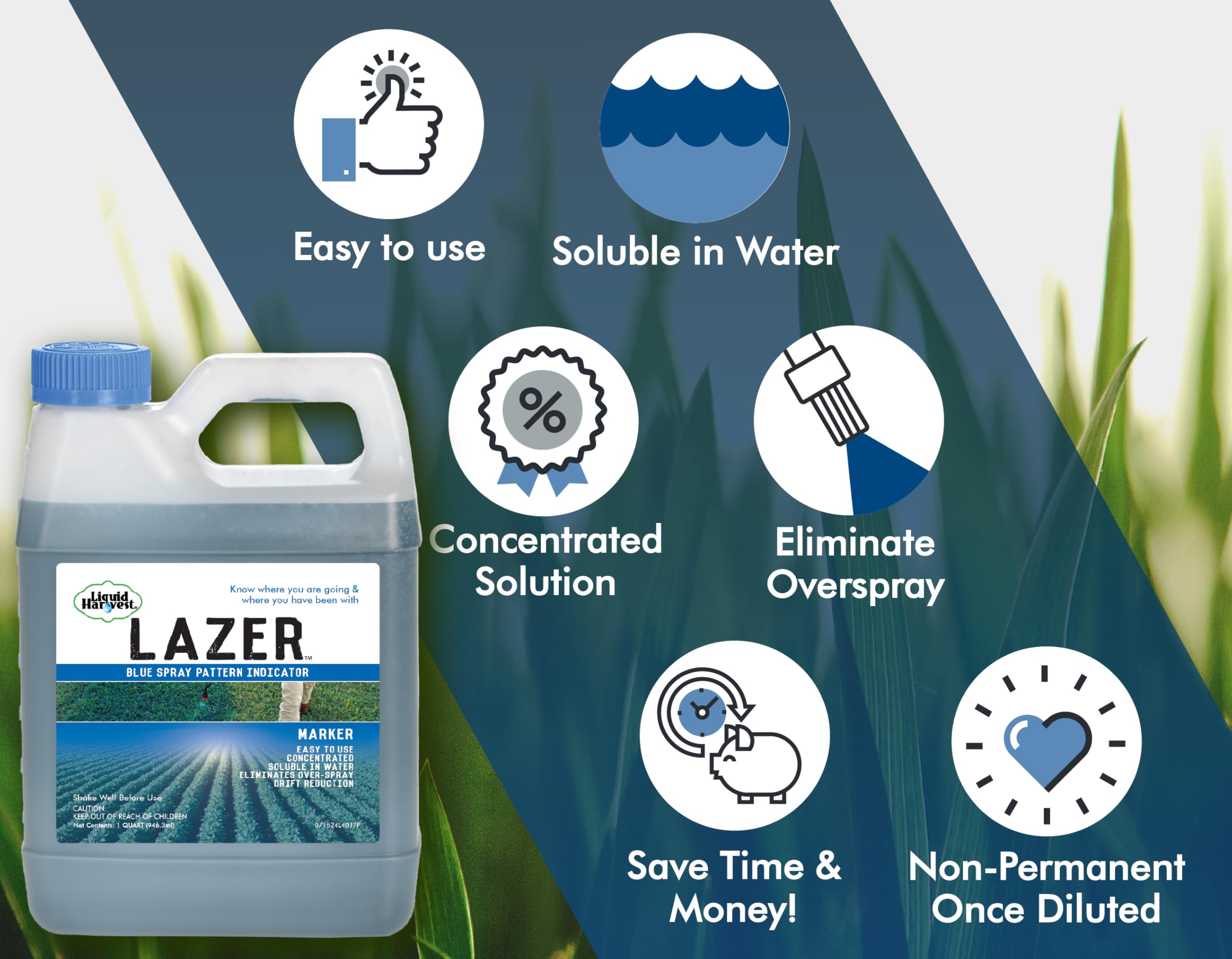 Liquid Harvest Lazer Blue marcando césped con trazas azules para confirmar cobertura