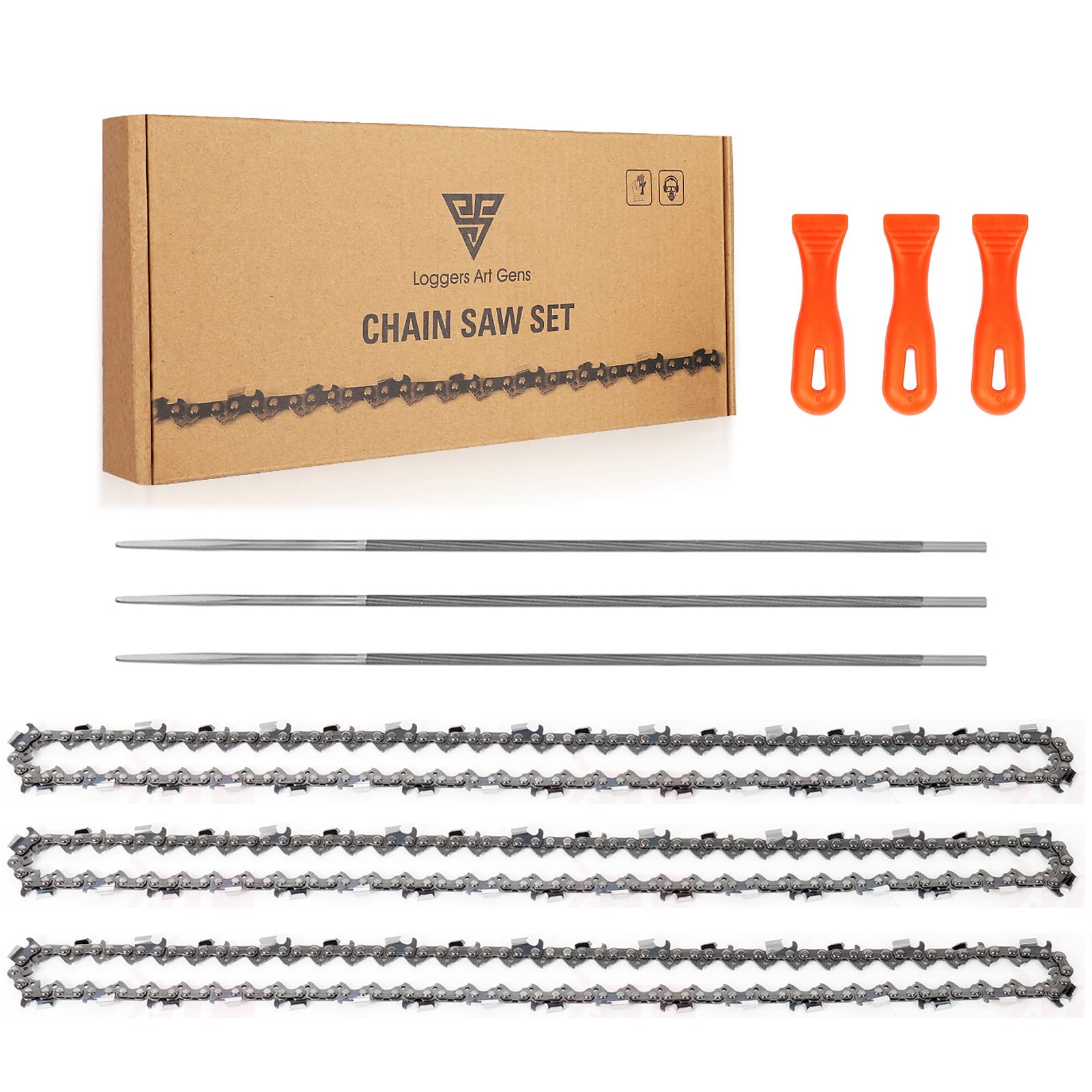 Loggers Art Gens paquete frontal mostrando las tres cadenas y limas, lista para reemplazo