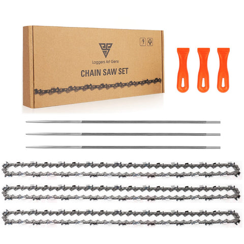 Loggers Art Gens paquete frontal mostrando las tres cadenas y limas, lista para reemplazo