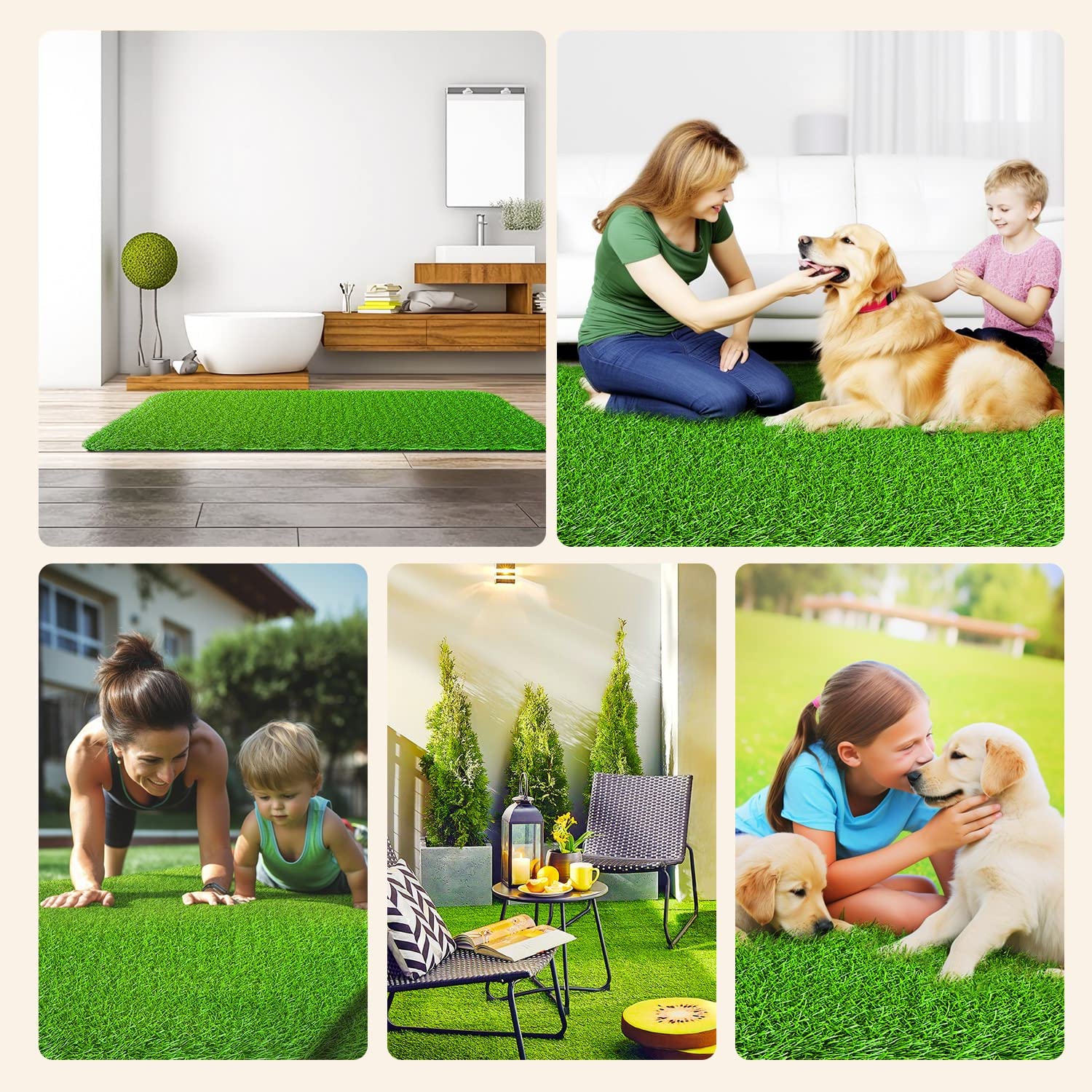 LOOBANI salón con césped sintético como alfombra decorativa, ambiente acogedor