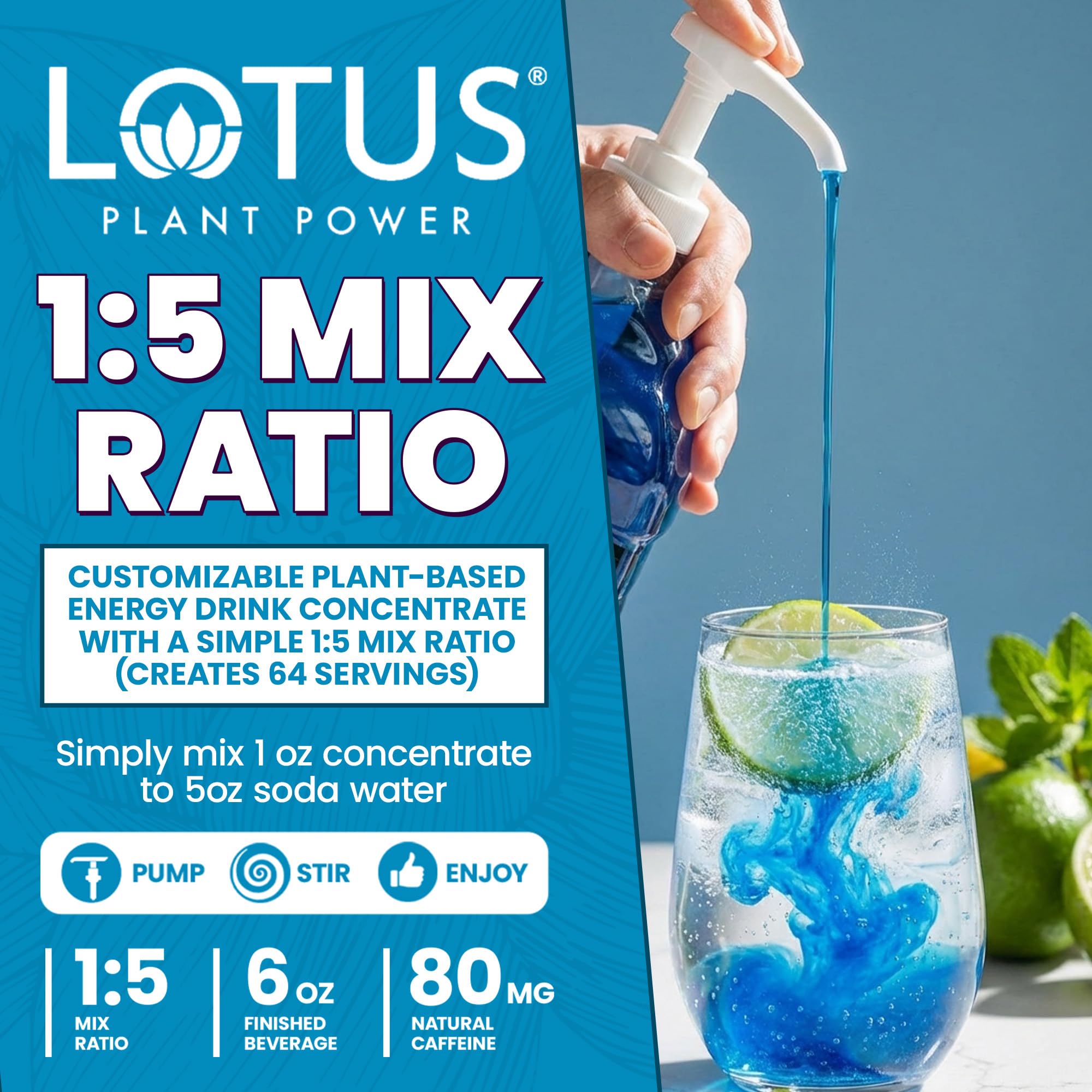 Lotus Plant Power comparación de tamaño de la botella con mano para escala