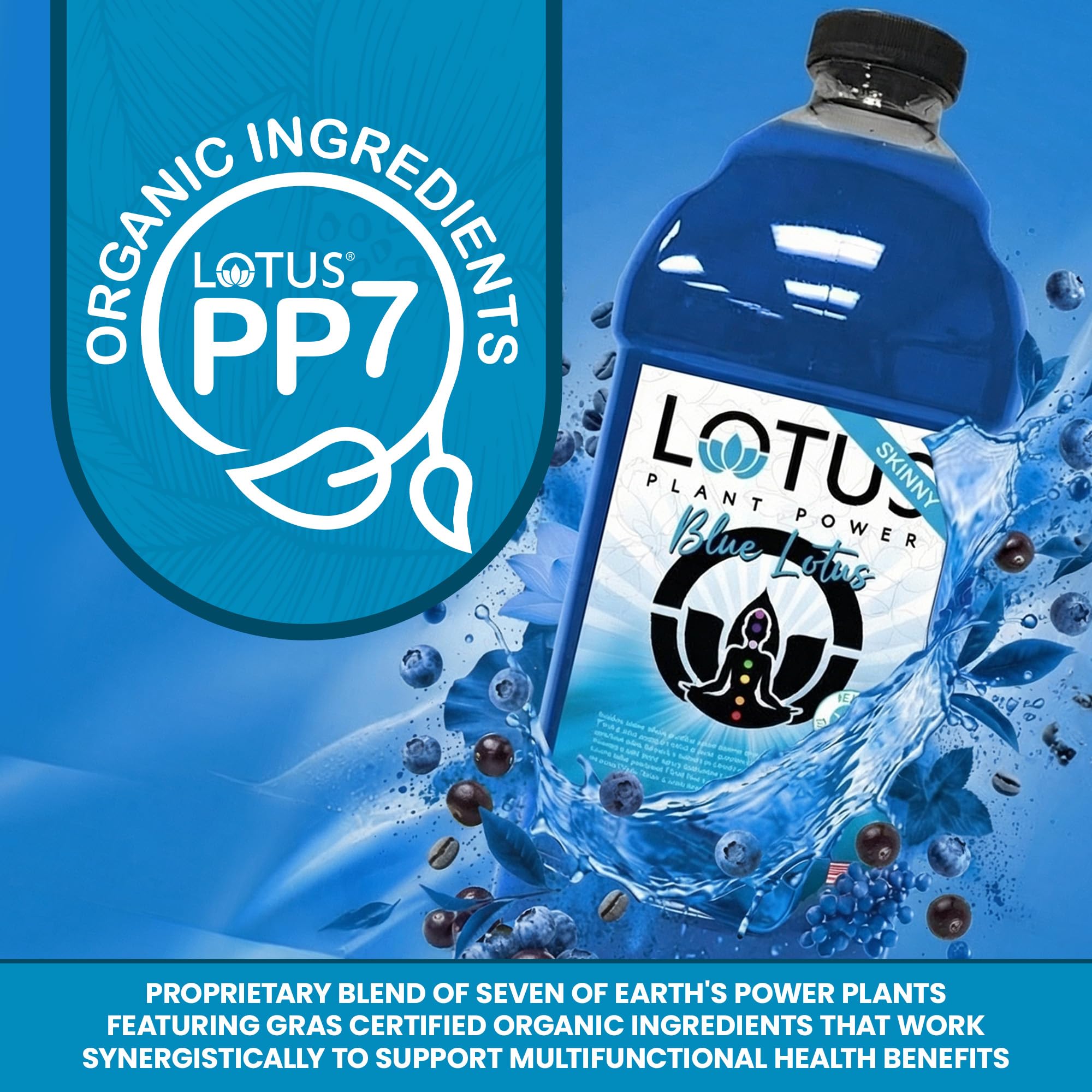 Lotus Plant Power vaso servido con bebida azul refrescante y efervescencia