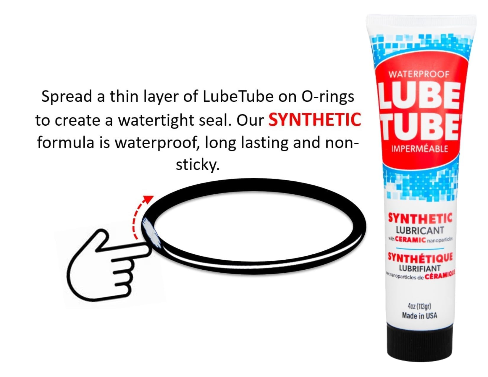 LubeTube junto a regla mostrando tamaño 4oz, rendimiento prolongado
