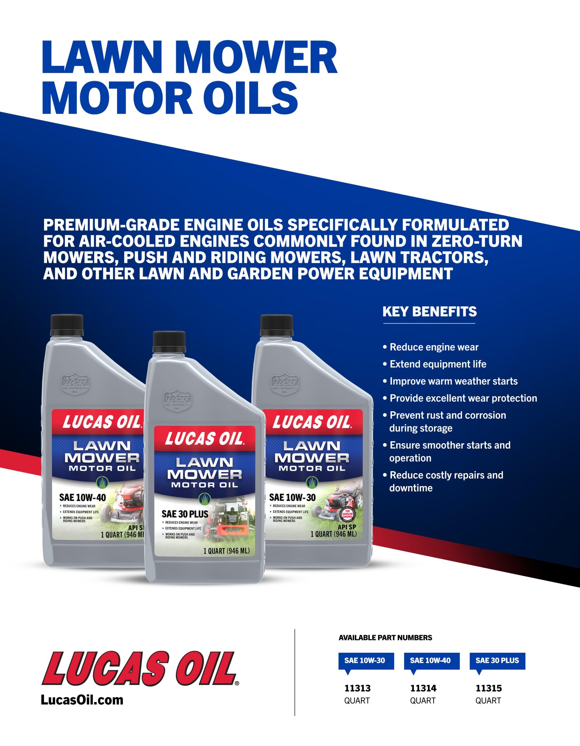 Lucas Oil envase en uso mientras se cambia aceite de cortacésped para arranques más suaves