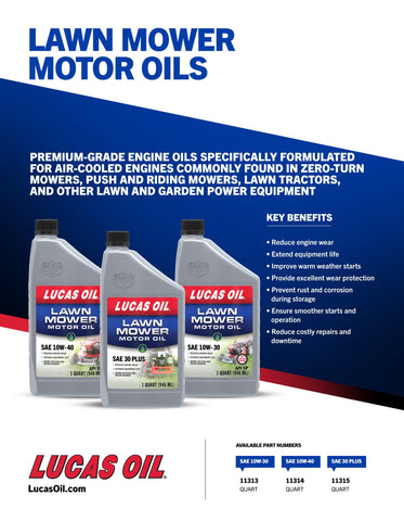 Lucas Oil envase en uso mientras se cambia aceite de cortacésped para arranques más suaves