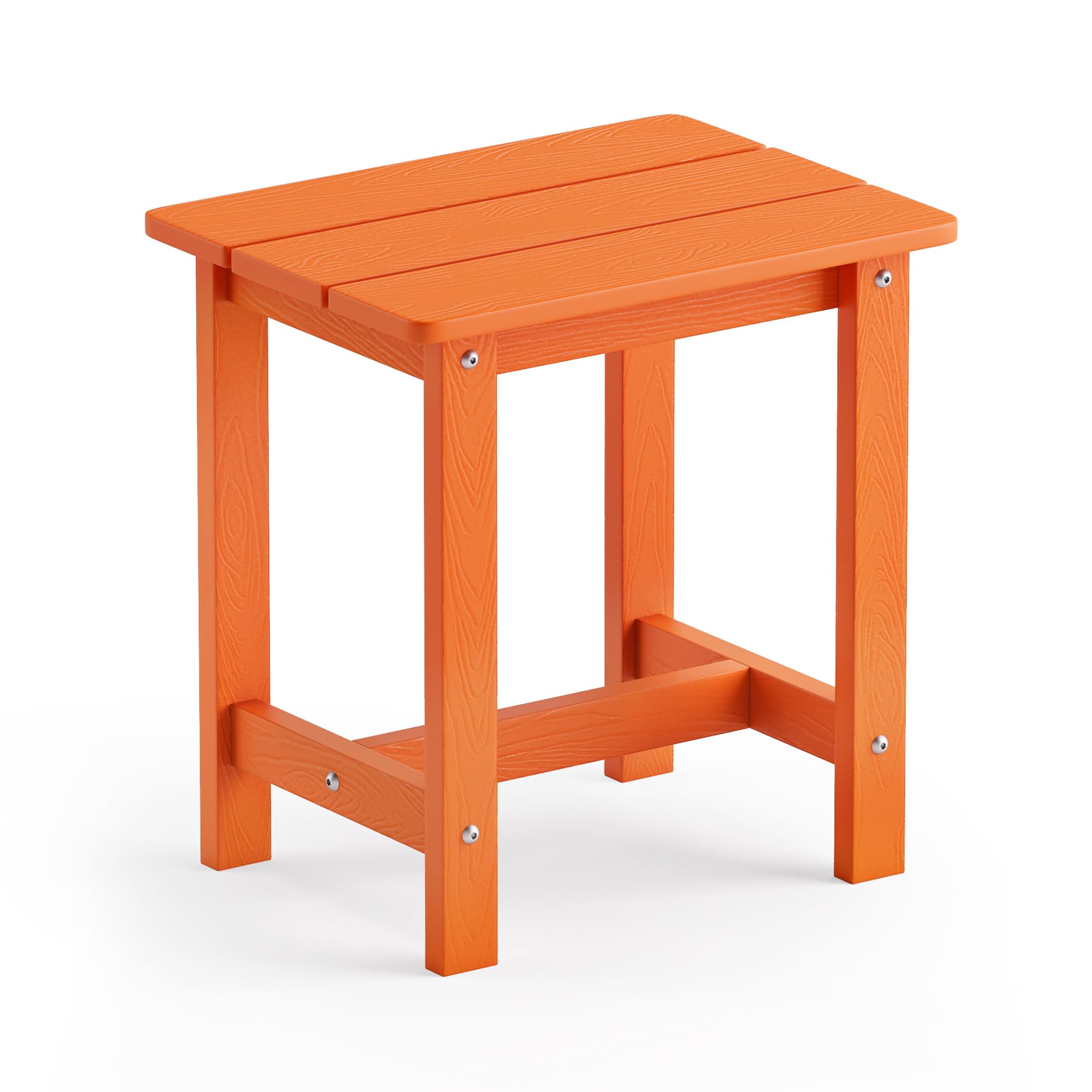 LUE BONA vista frontal de la mesa auxiliar naranja con aspecto de madera, resistente al clima