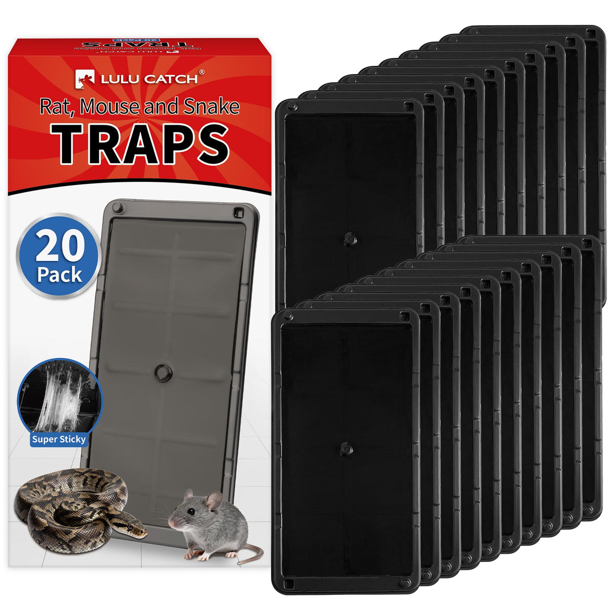 LULUCATCH vista frontal del paquete de trampas mostrando 20 unidades y beneficio de cobertura amplia