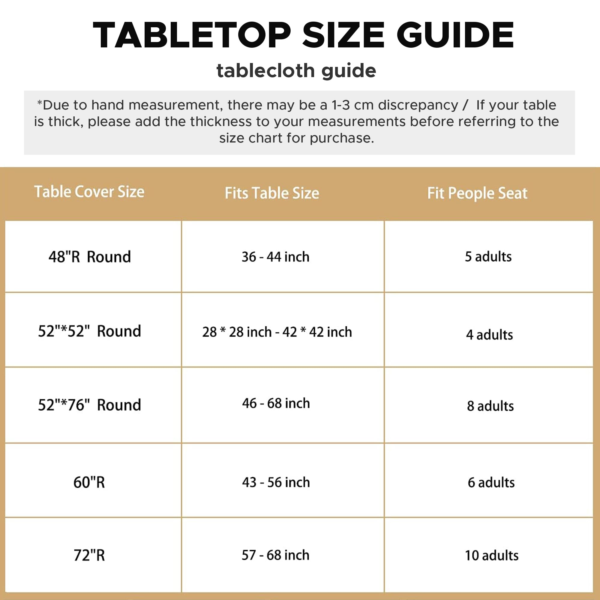 LUSHVIDA comparación de tamaño en mesa 36"–44" para ajuste correcto