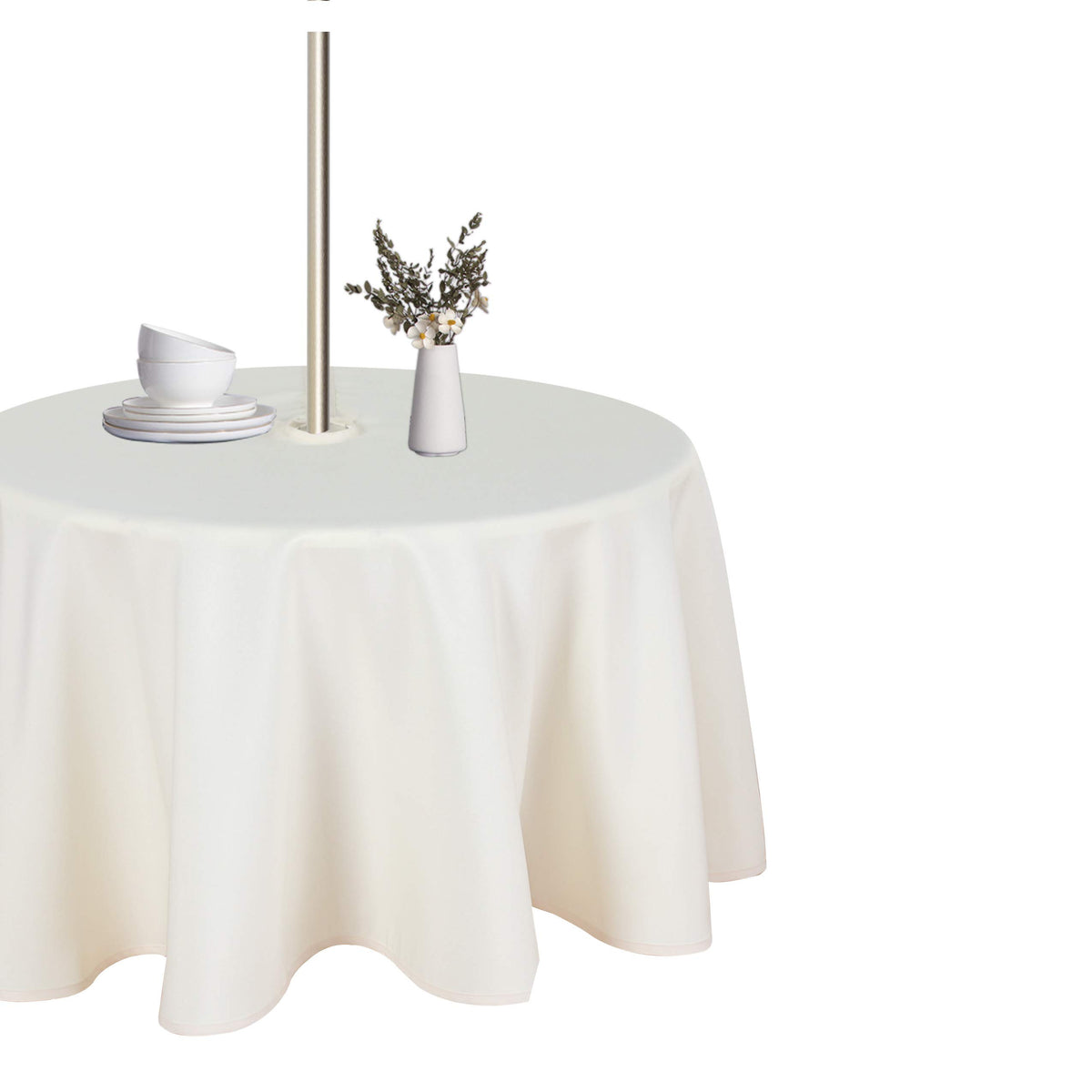LUSHVIDA mantel redondo frontal mostrando ajuste y color beige
