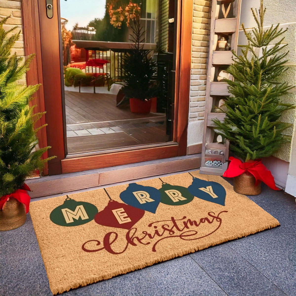 LuxUrux felpudo frontal navideño mostrando bienvenida y protección