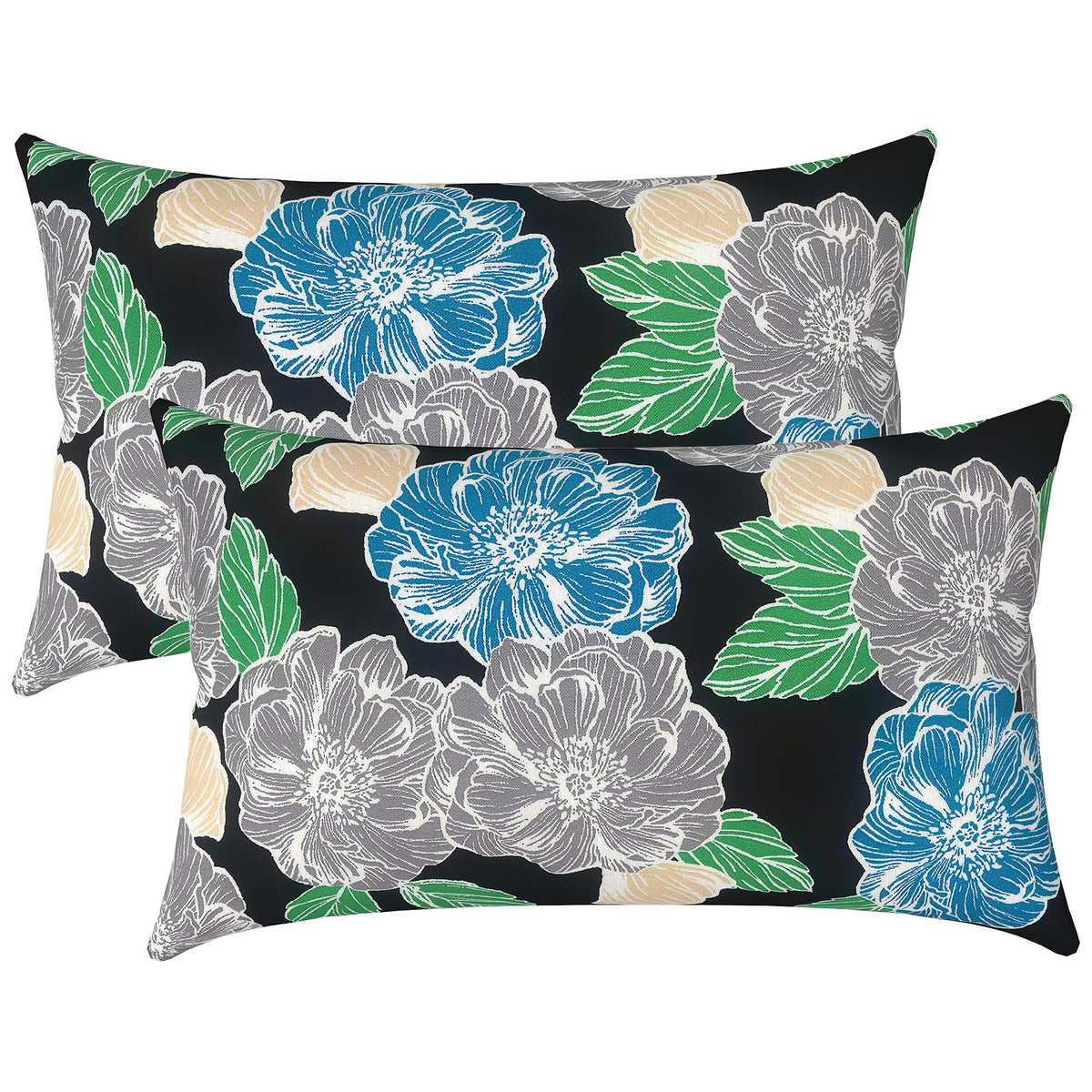 LVTXIII vista frontal del par de cojines Peony Garden con diseño decorativo