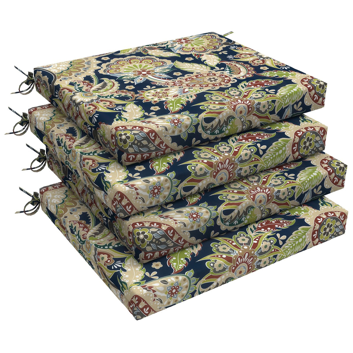 LVTXIII vista frontal del pack de cuatro cojines paisley zafiro, aspecto elegante