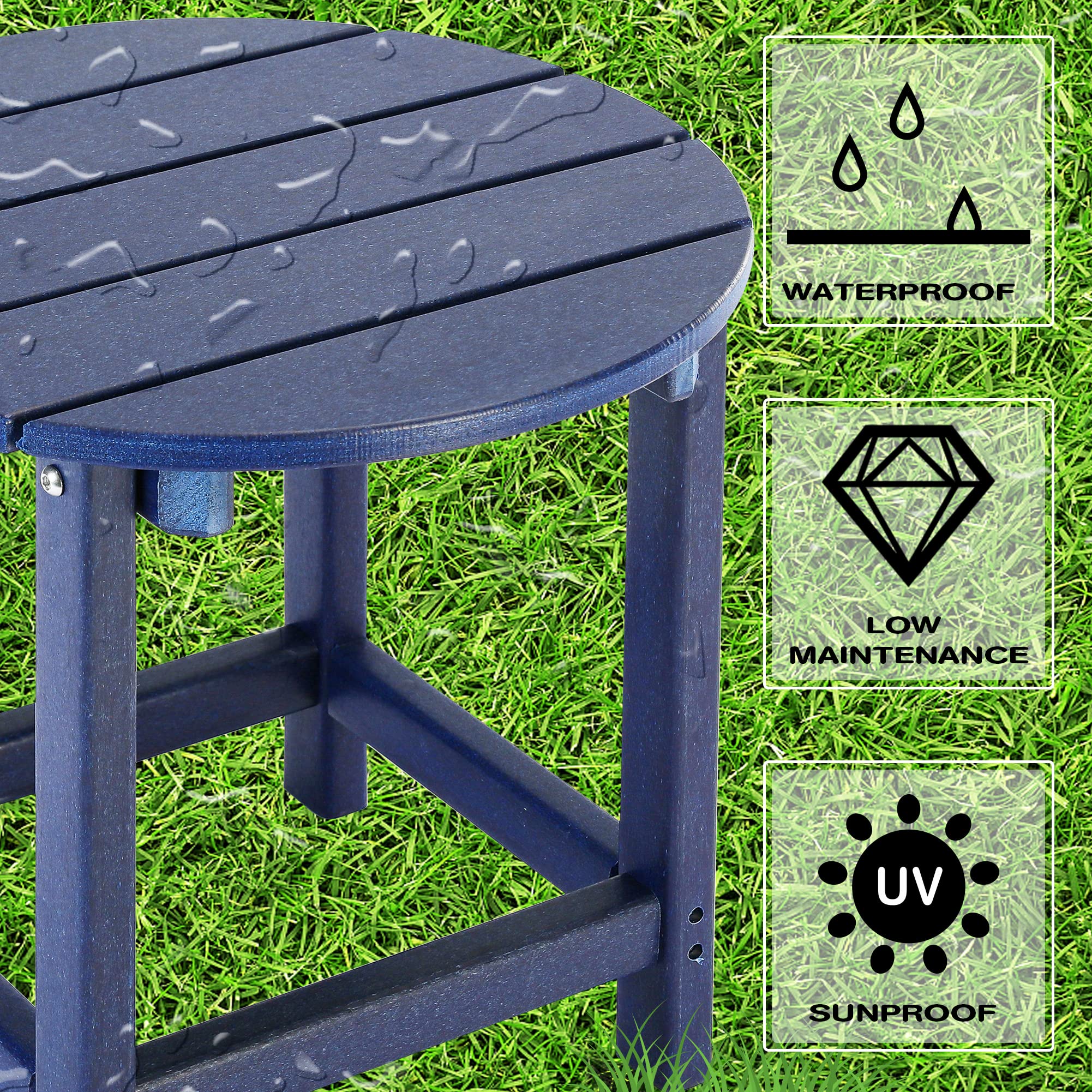 LZRS mesa en uso junto a silla Adirondack facilitando bebidas y libros