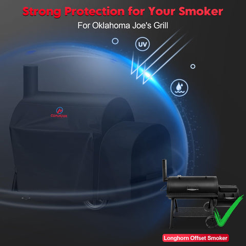 M COMNOVA OUTDOORS funda colocada sobre smoker en patio protegiendo la parrilla