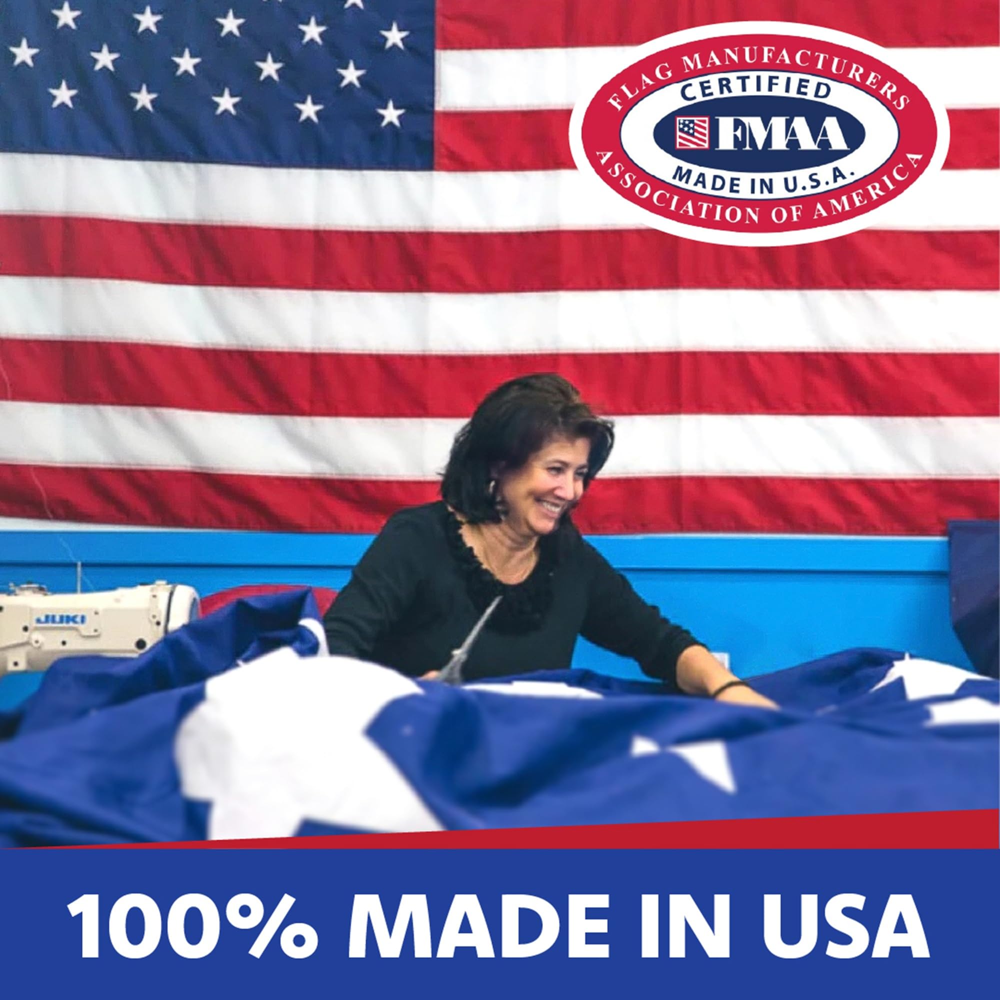 Made in USA Flags izada en mástil exterior resistiendo viento y lluvia