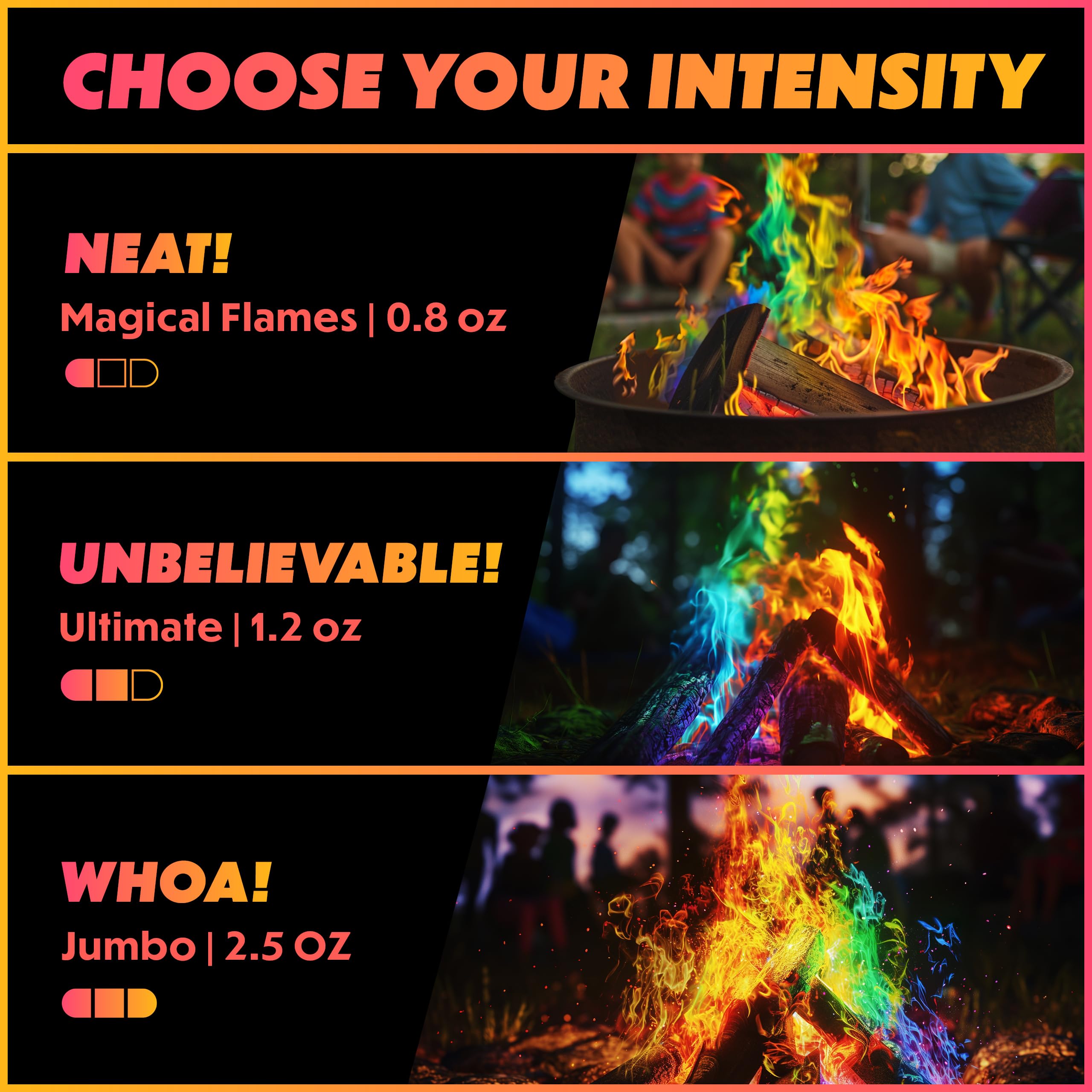 Magical Flames paquete junto a mano para comparar tamaño, práctico y portátil
