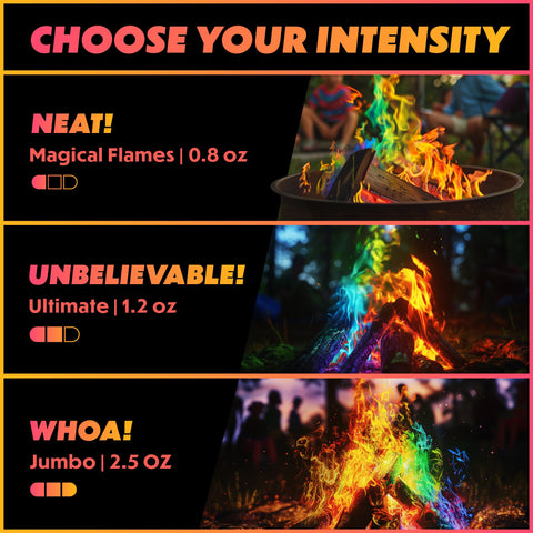 Magical Flames paquete junto a mano para comparar tamaño, práctico y portátil