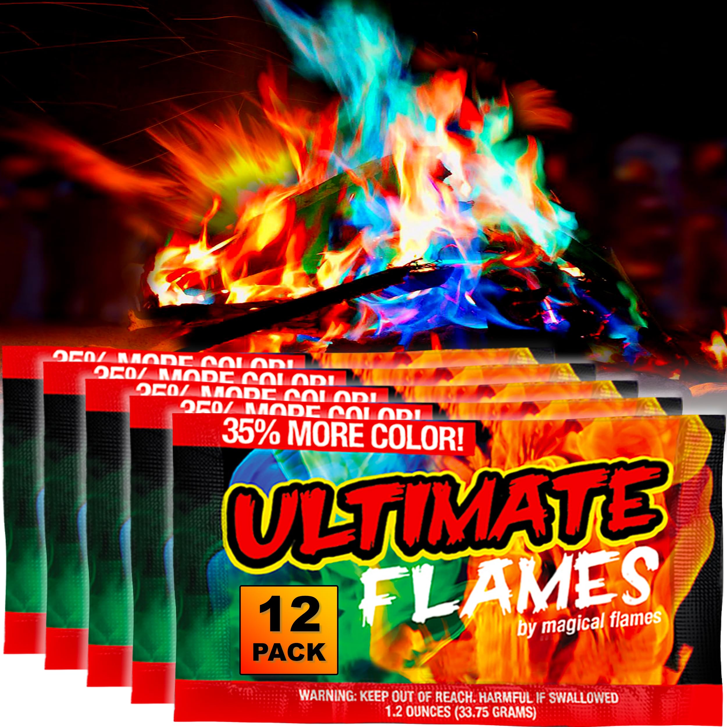 Magical Flames empaque frontal mostrando pack de 12 y beneficios