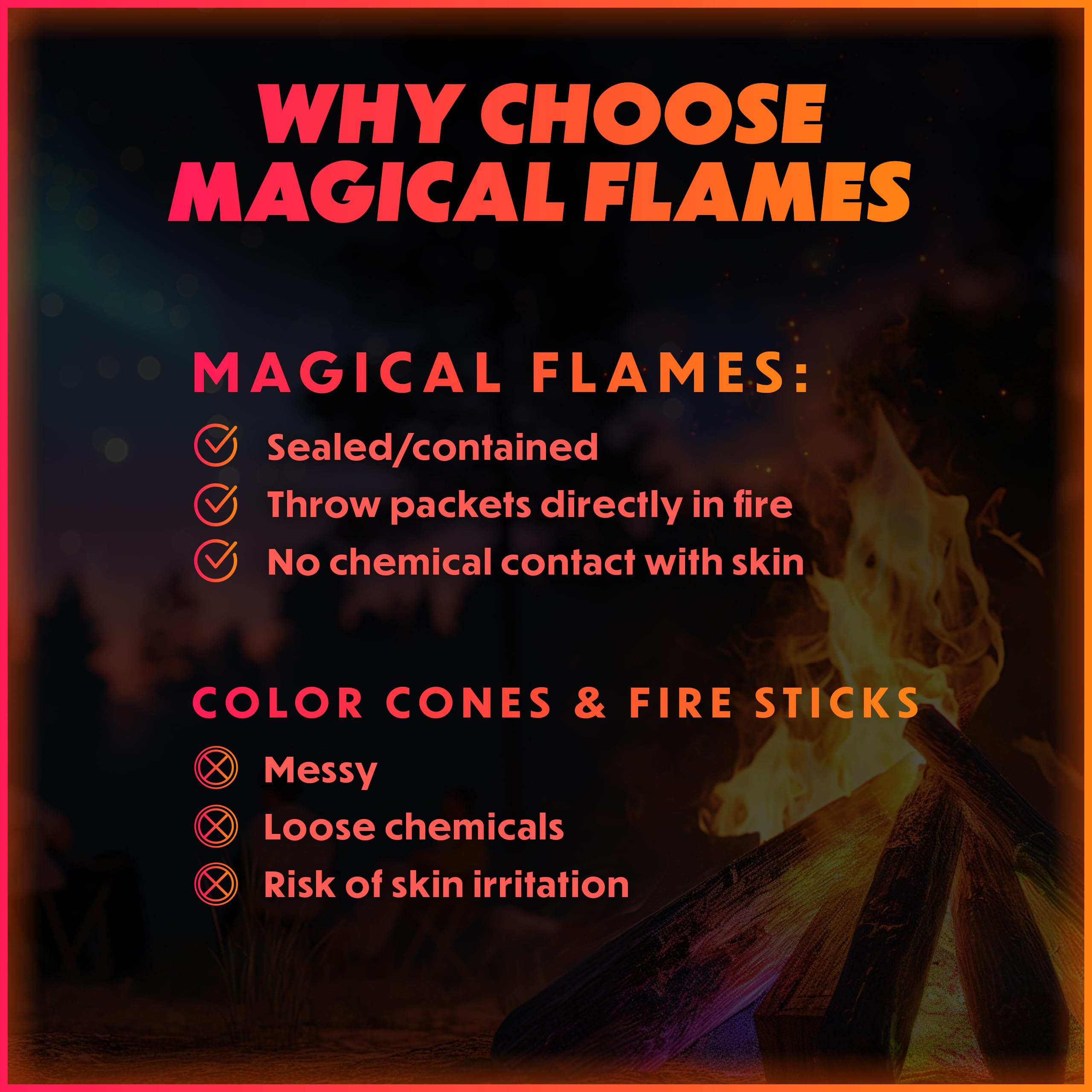 Magical Flames doce paquetes apilados, suministro para varias noches de color