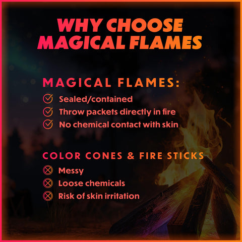 Magical Flames doce paquetes apilados, suministro para varias noches de color