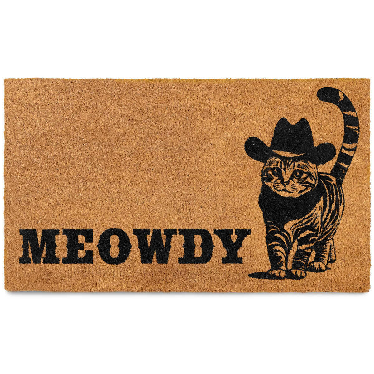 MAINEVENT felpudo Meowdy frontal mostrando diseño de gato negro y bienvenida