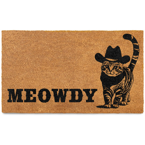 MAINEVENT felpudo Meowdy frontal mostrando diseño de gato negro y bienvenida