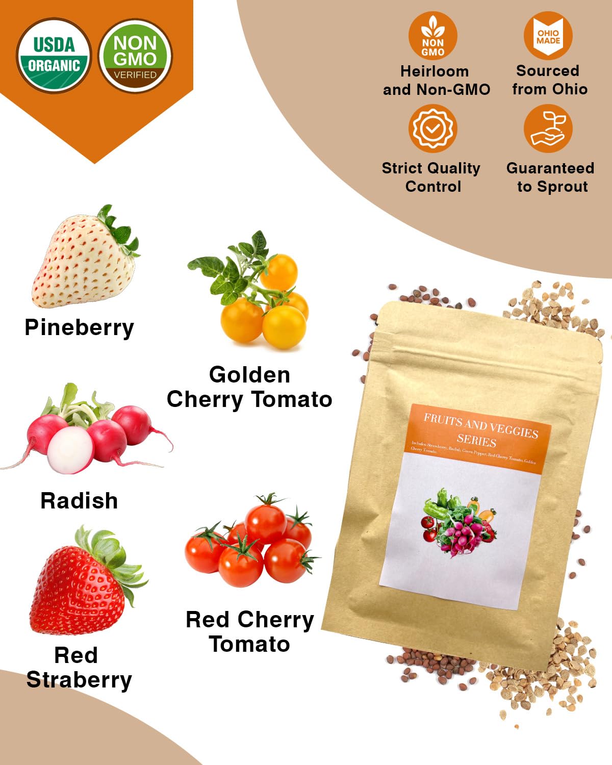 Majero detalle de semillas de fresa y pineberry listo para plantar, alta calidad