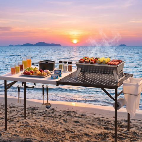 MAKE CHANGES mesa montada en ambiente de playa y patio para picnic y cocina al aire libre