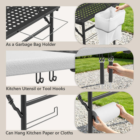 MAKE CHANGES mesa en uso con parrilla y utensilios organizada para barbacoa exterior