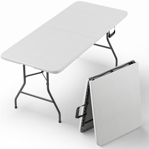 MAKE CHANGES vista frontal de la mesa plegable blanca, ideal para eventos