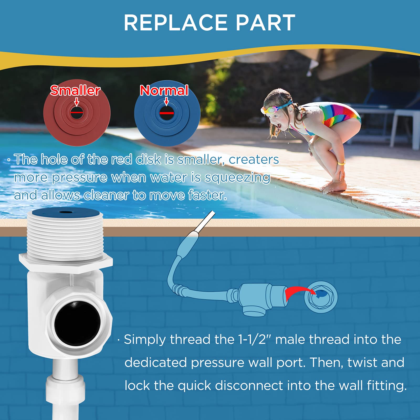 MAKHOON conector instalado en toma mural de piscina optimizando rendimiento