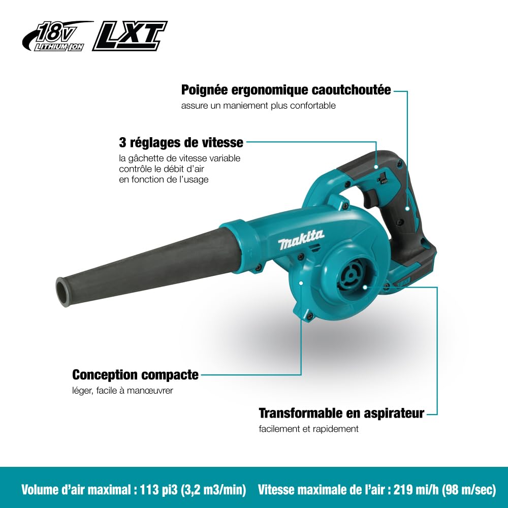 Makita DUB185Z soplando hojas en jardín para limpieza eficiente