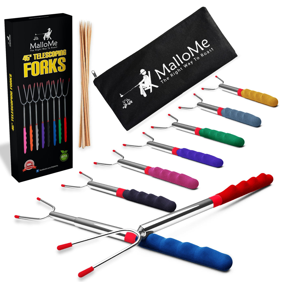MalloMe frente del set mostrando 8 pinchos y estuche, ideal para camping