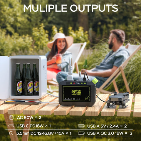 MARBERO detalle de conectores USB, AC y DC, facilita carga múltiple segura