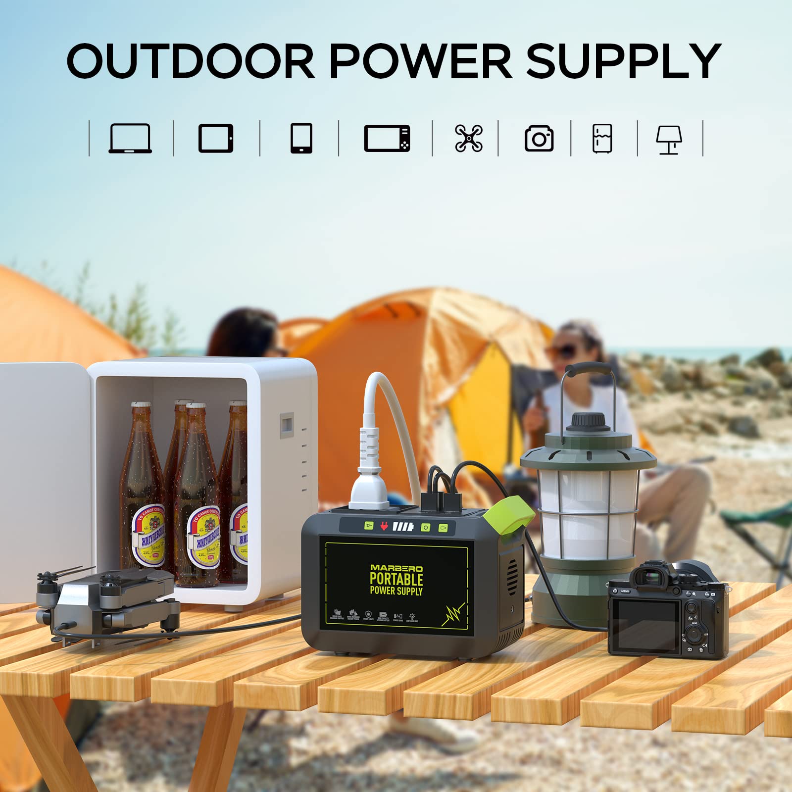 MARBERO estación en camping alimentando dispositivos, aporta energía fuera de red