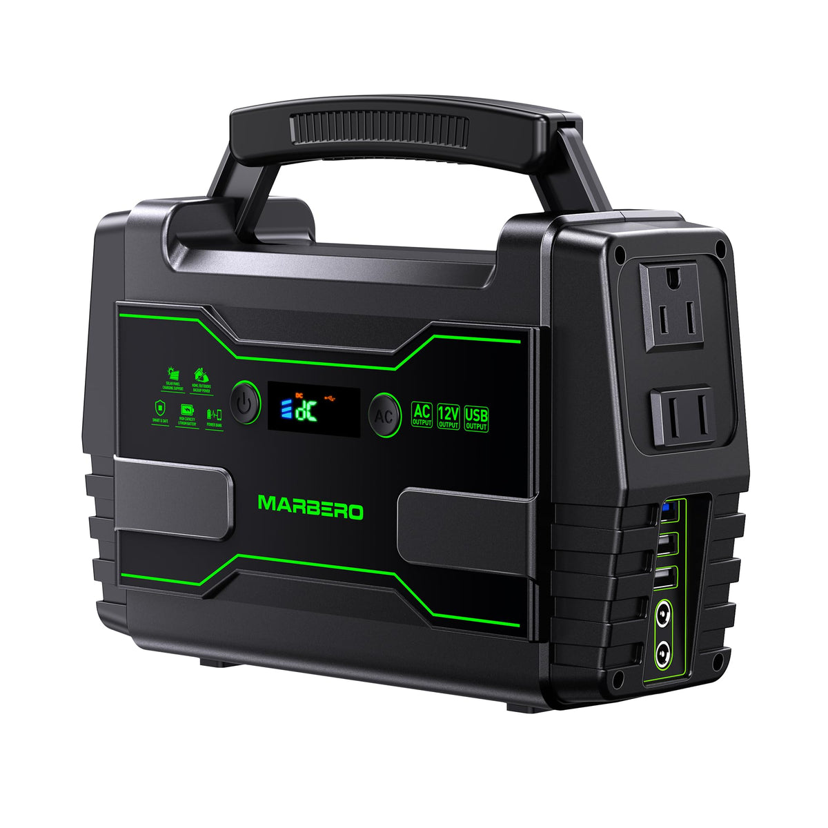 MARBERO M155 vista frontal mostrando salidas y portabilidad para viajes